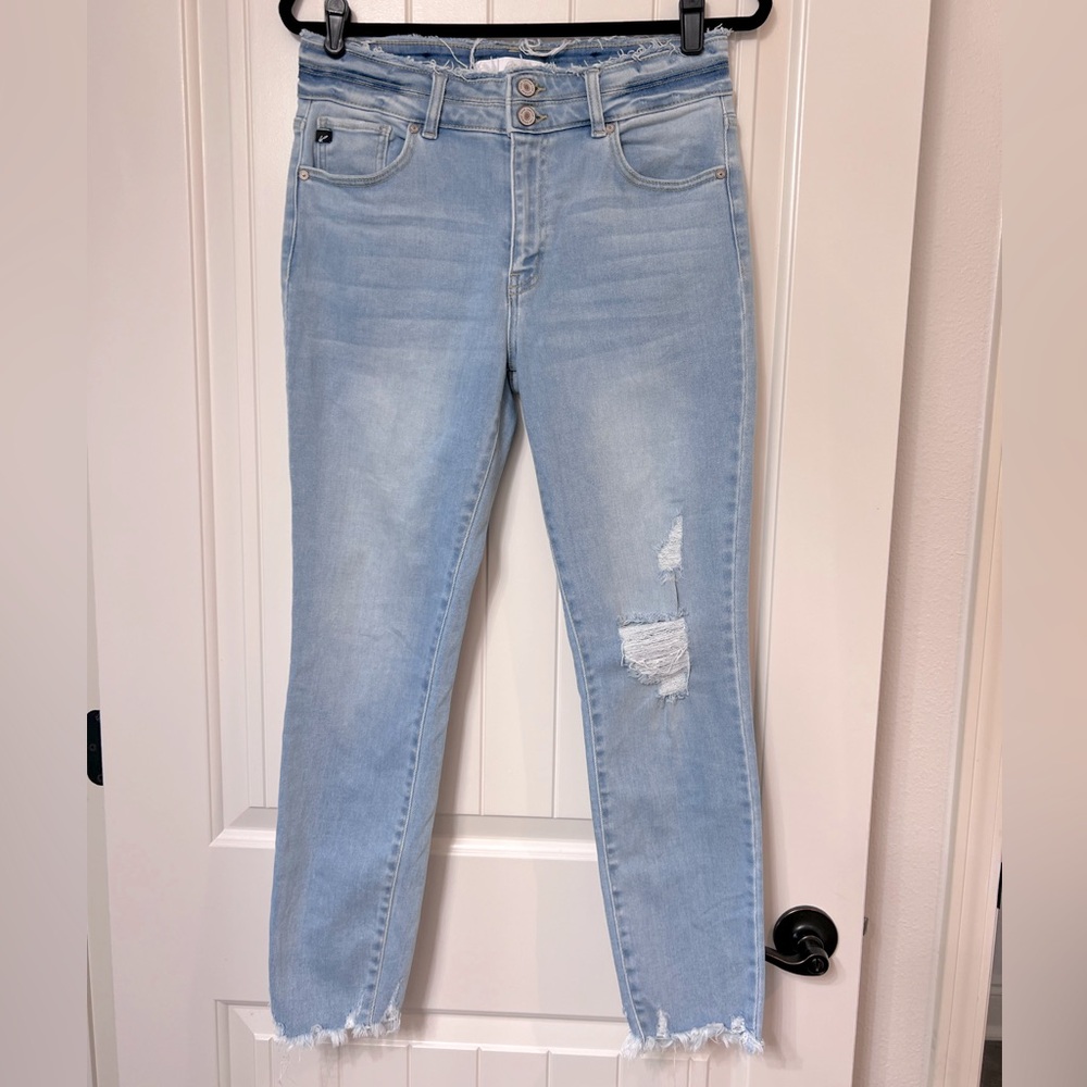 KANCAN light wash denim high waist distressed skinny jeans,frayed hem size 9